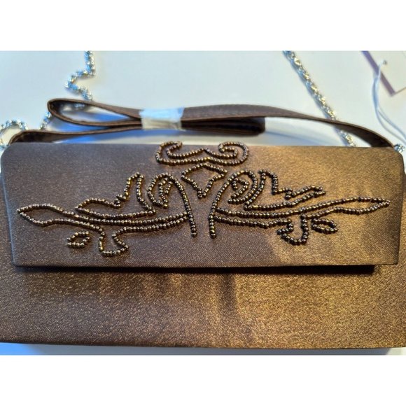 Women's Gp Prestige Purse Beaded Coffee Color Clutch Silver Chain Strap - Picture 7 of 12